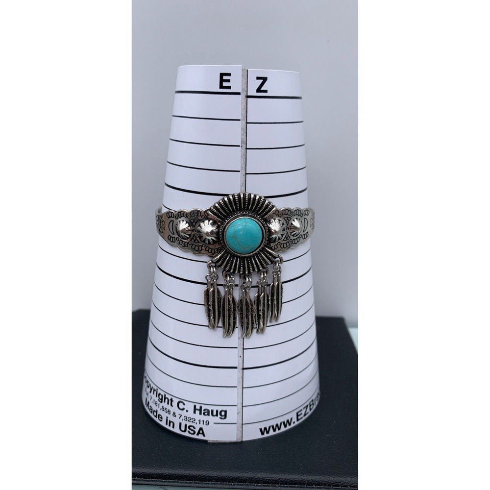 Silver Tone Etched Faux Turquoise Cuff Bangle Bracelet With Feather Dangles Boho - Picture 7 of 7